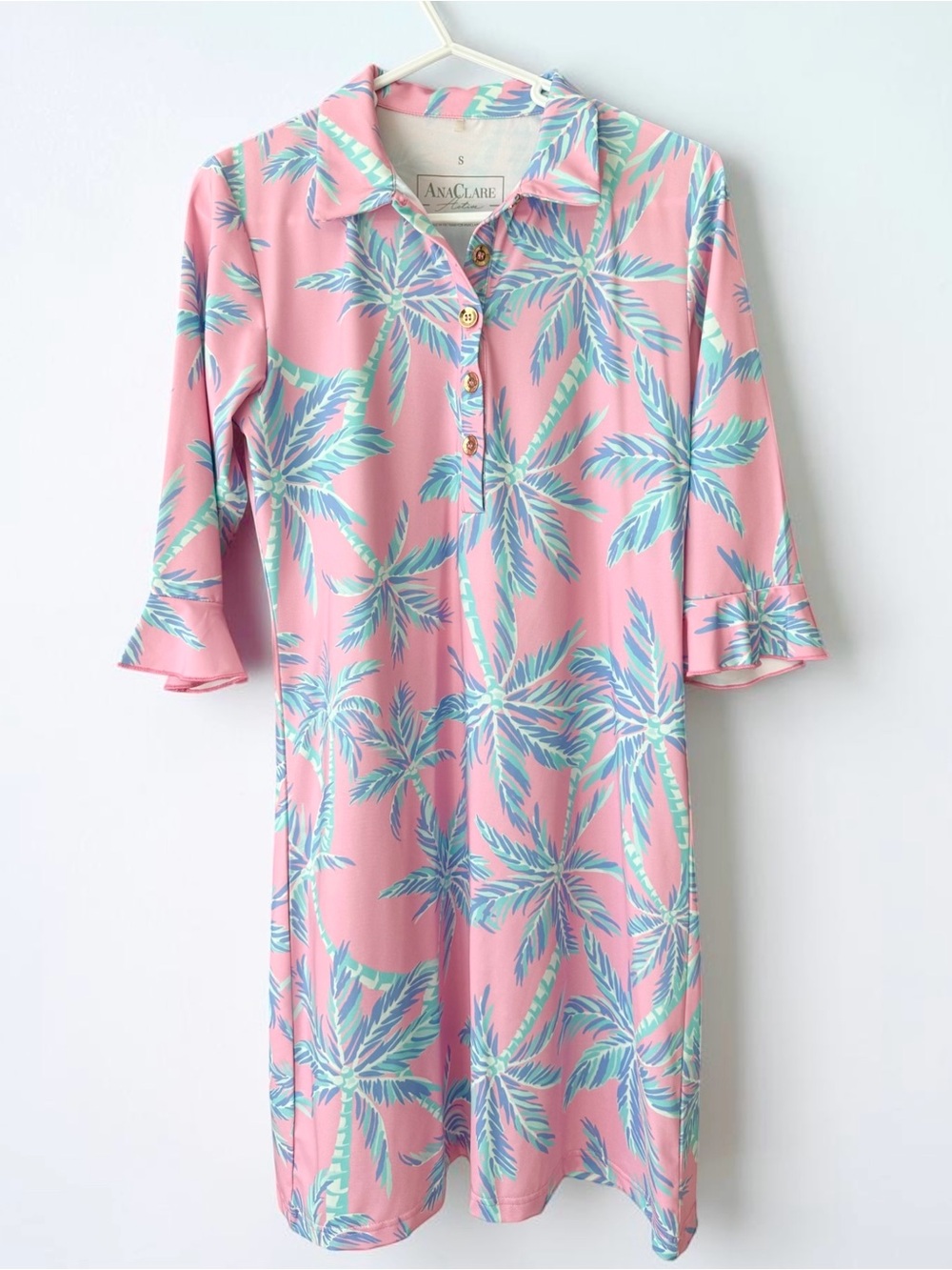 Pink Palm-Print Mini Shirt Dress
